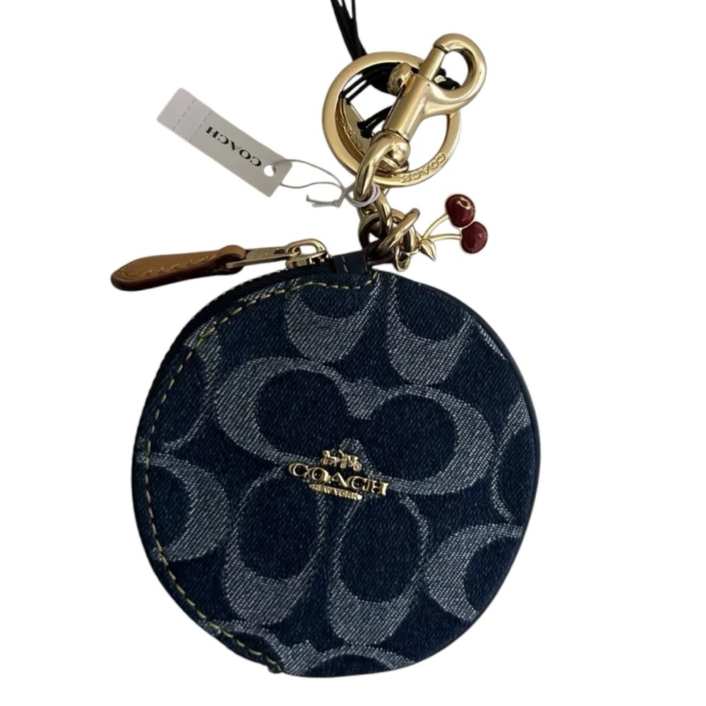 Coach Denim Signature Round Key Card Holder with Gold Hardware and Cherry Charm
